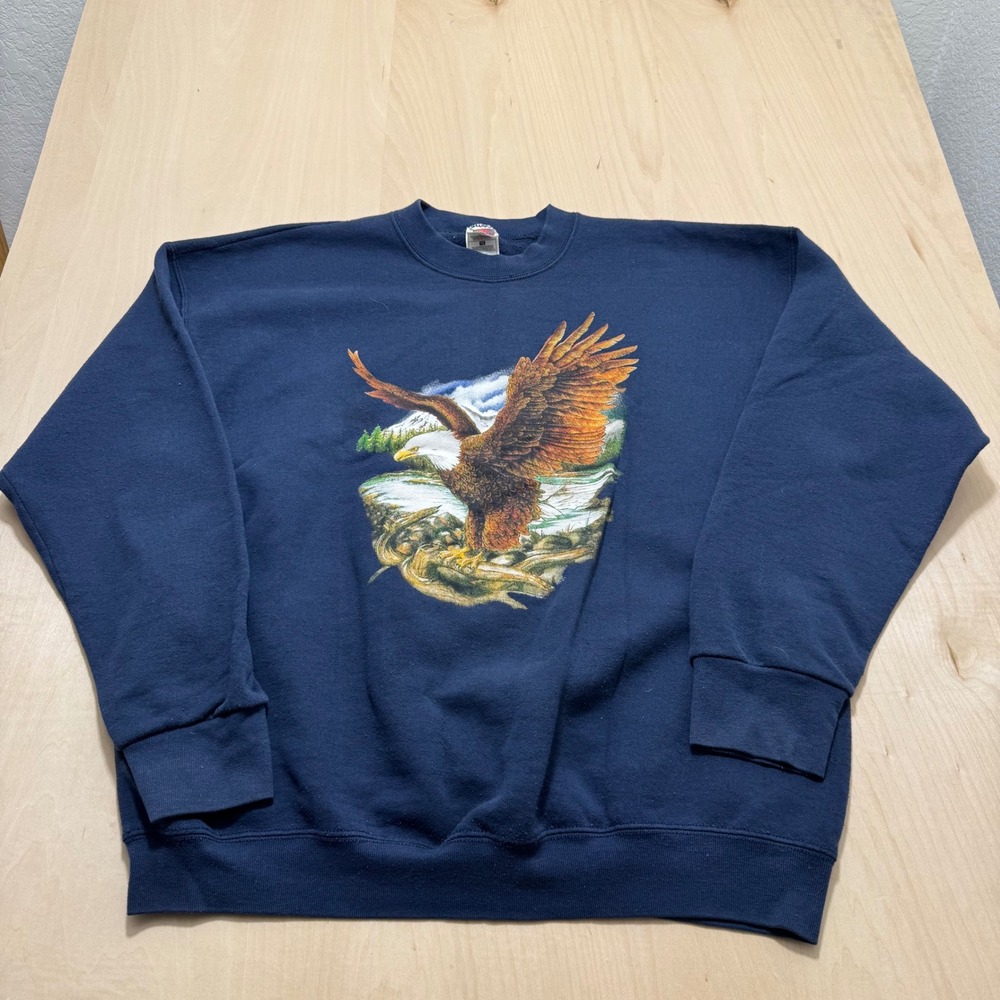 Fruit of the Loom Mens Bald Eagle Graphic Sweatshirt Navy Blue XL Vintage
